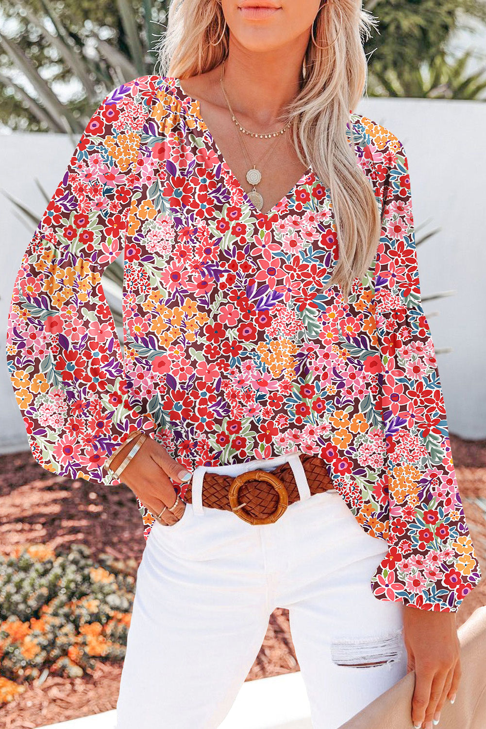 Fiery Red White Floral Print V Neck Long Puff Sleeve Top-Tops/Blouses & Shirts-[Adult]-[Female]-Red-S-2022 Online Blue Zone Planet
