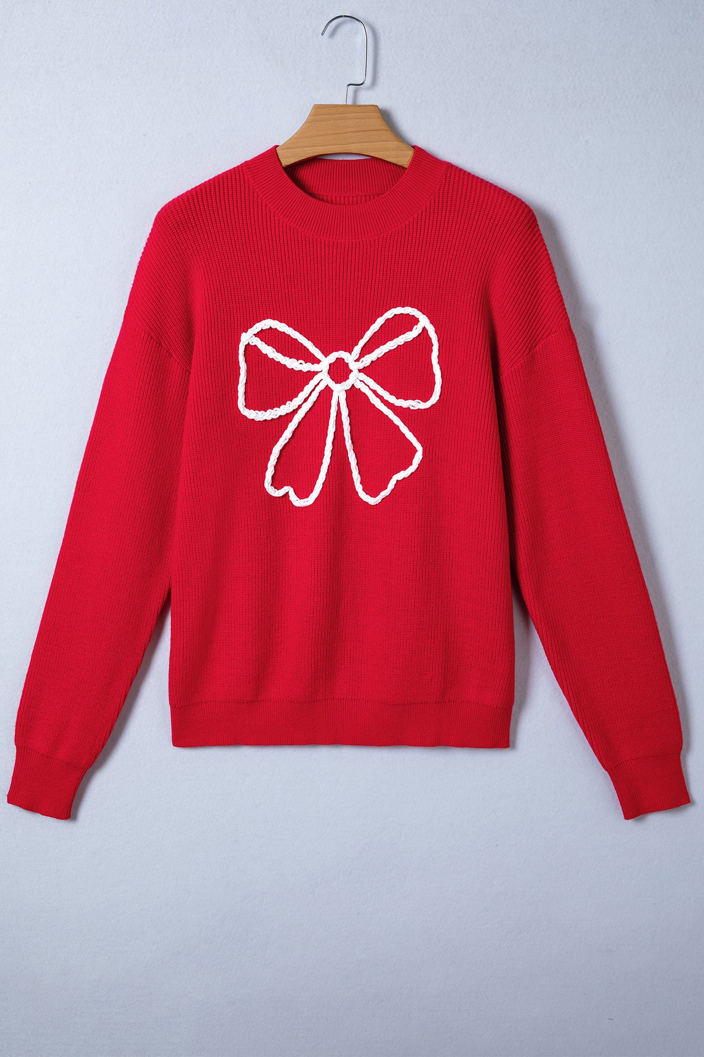 Fiery Red Bow Embroidered Graphic Ribbed Sweater Top-TOPS / DRESSES-[Adult]-[Female]-2022 Online Blue Zone Planet