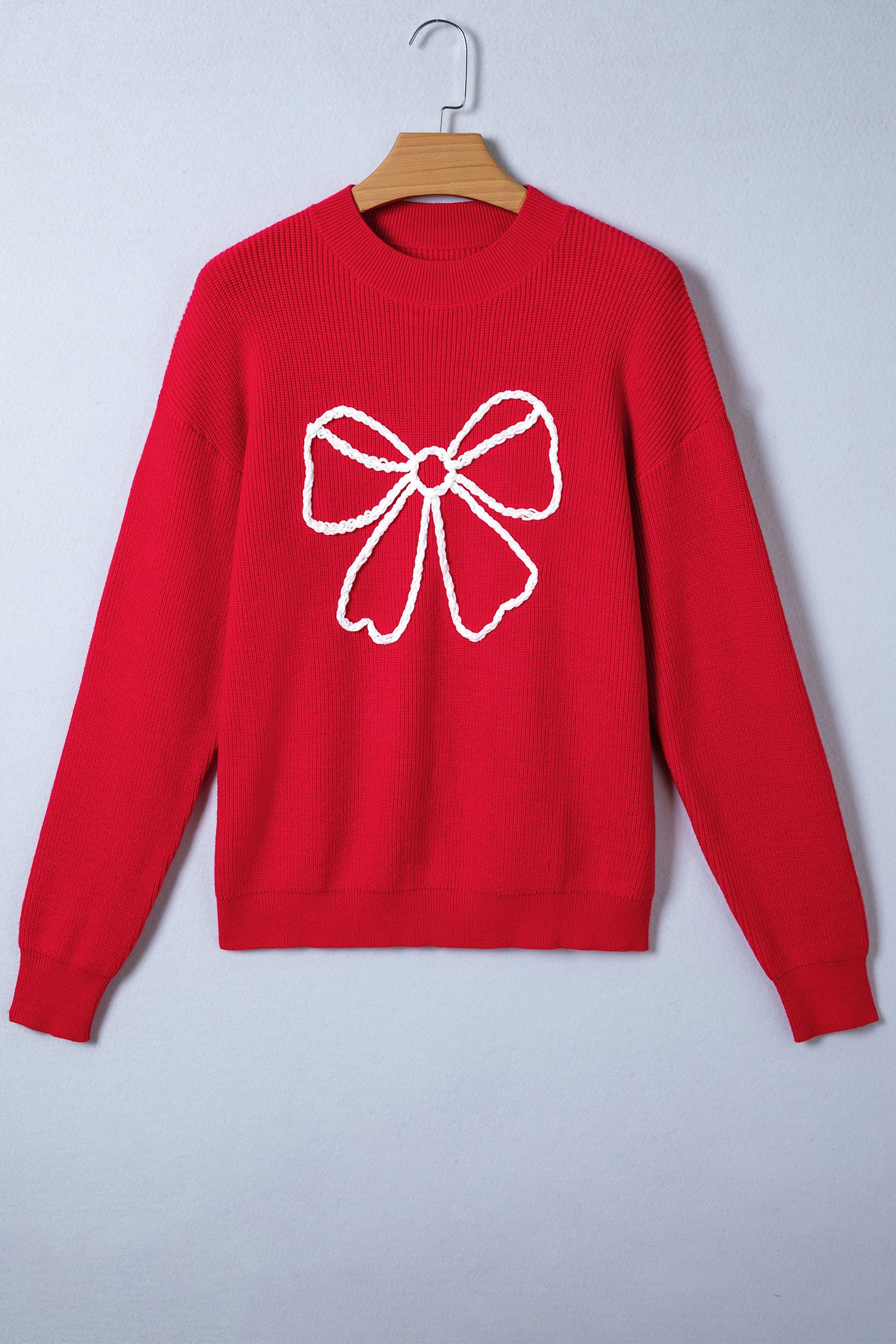 Fiery Red Bow Embroidered Graphic Ribbed Sweater Top-TOPS / DRESSES-[Adult]-[Female]-2022 Online Blue Zone Planet