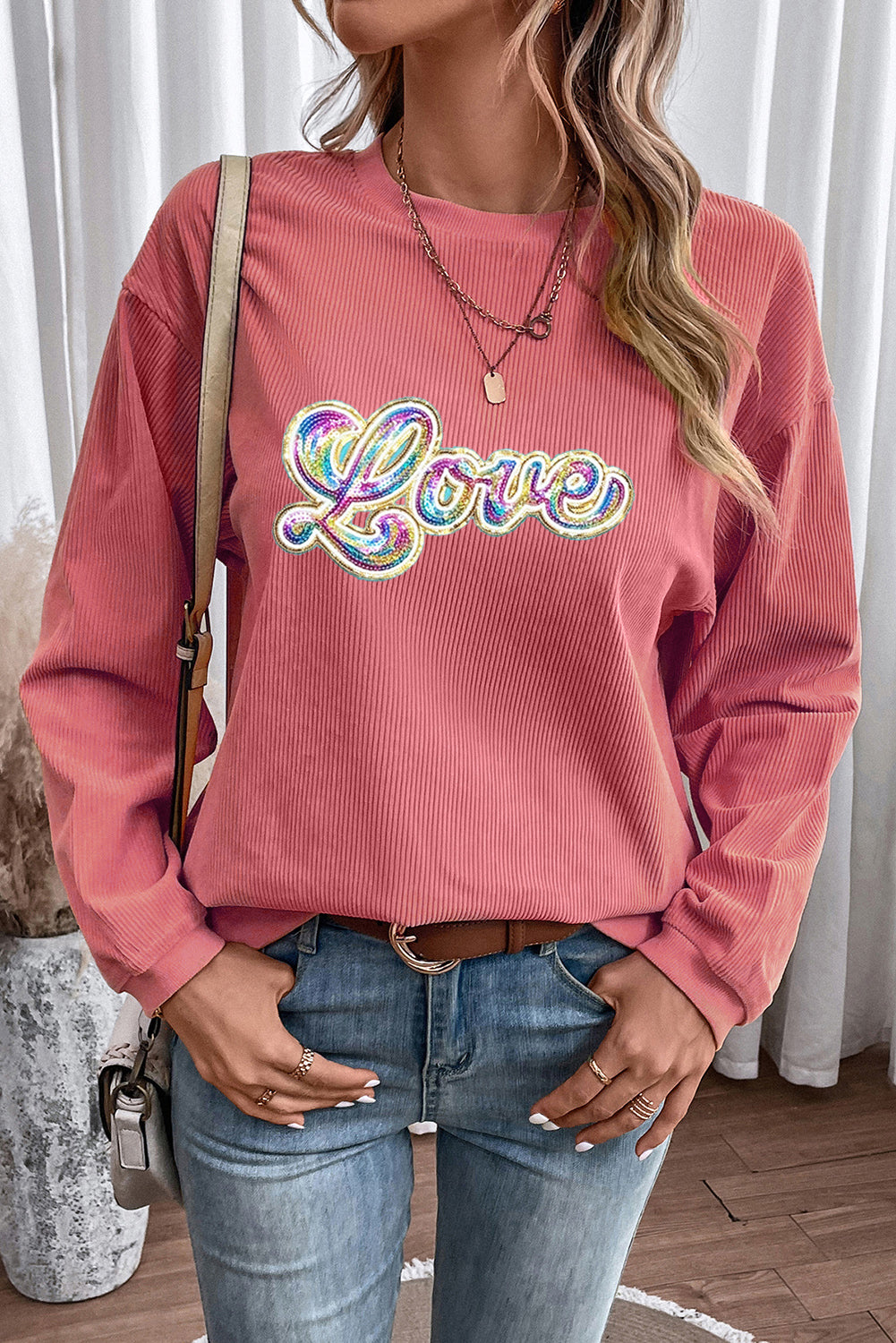 Strawberry Pink Sequin Love Graphic Corded Valentines Sweatshirt-Graphic Sweatshirts-[Adult]-[Female]-2022 Online Blue Zone Planet