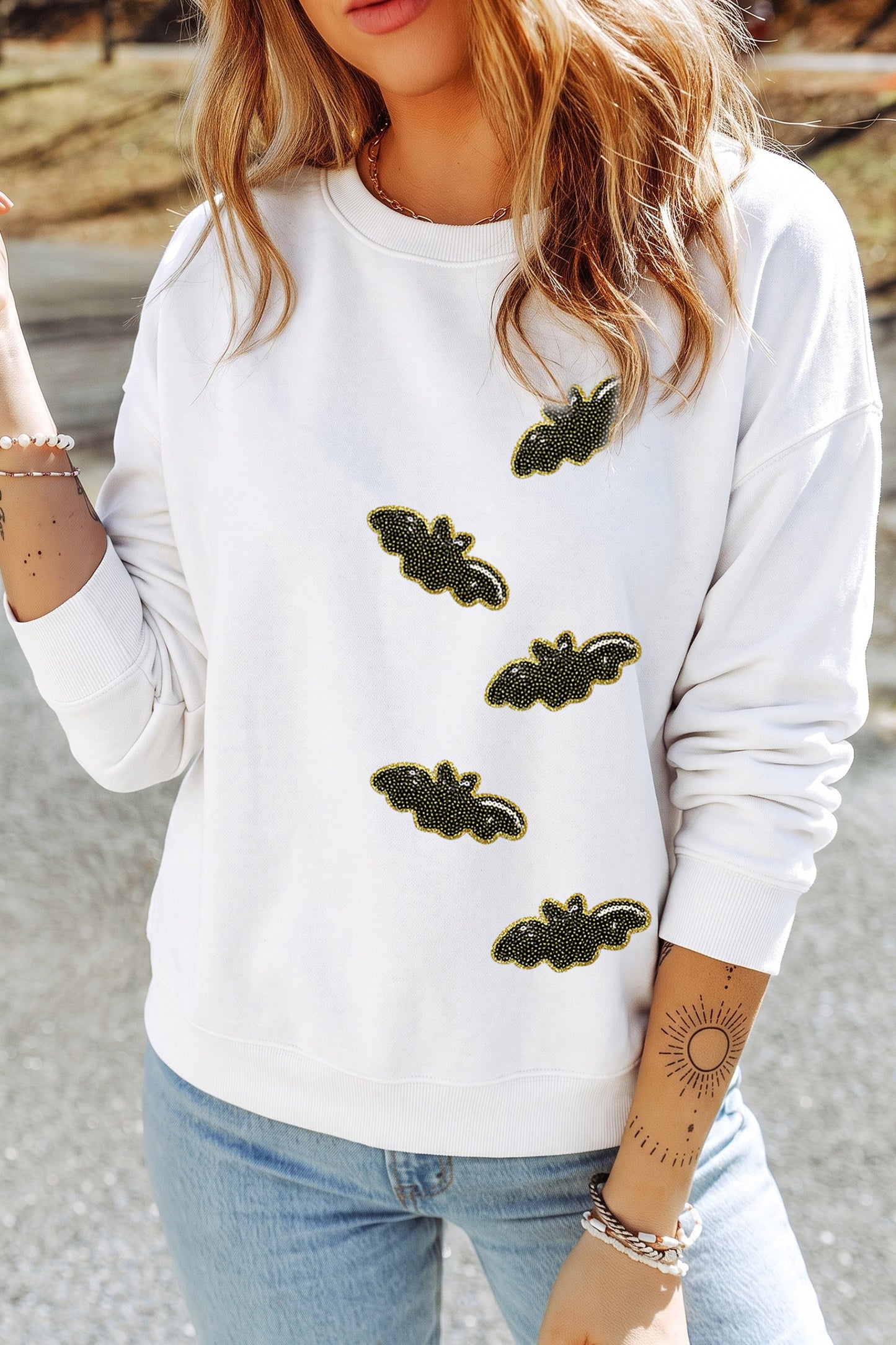 White Sequin Bat Pullover Drop Shoulder Halloween Sweatshirt-Graphic/Graphic Sweatshirts-[Adult]-[Female]-2022 Online Blue Zone Planet