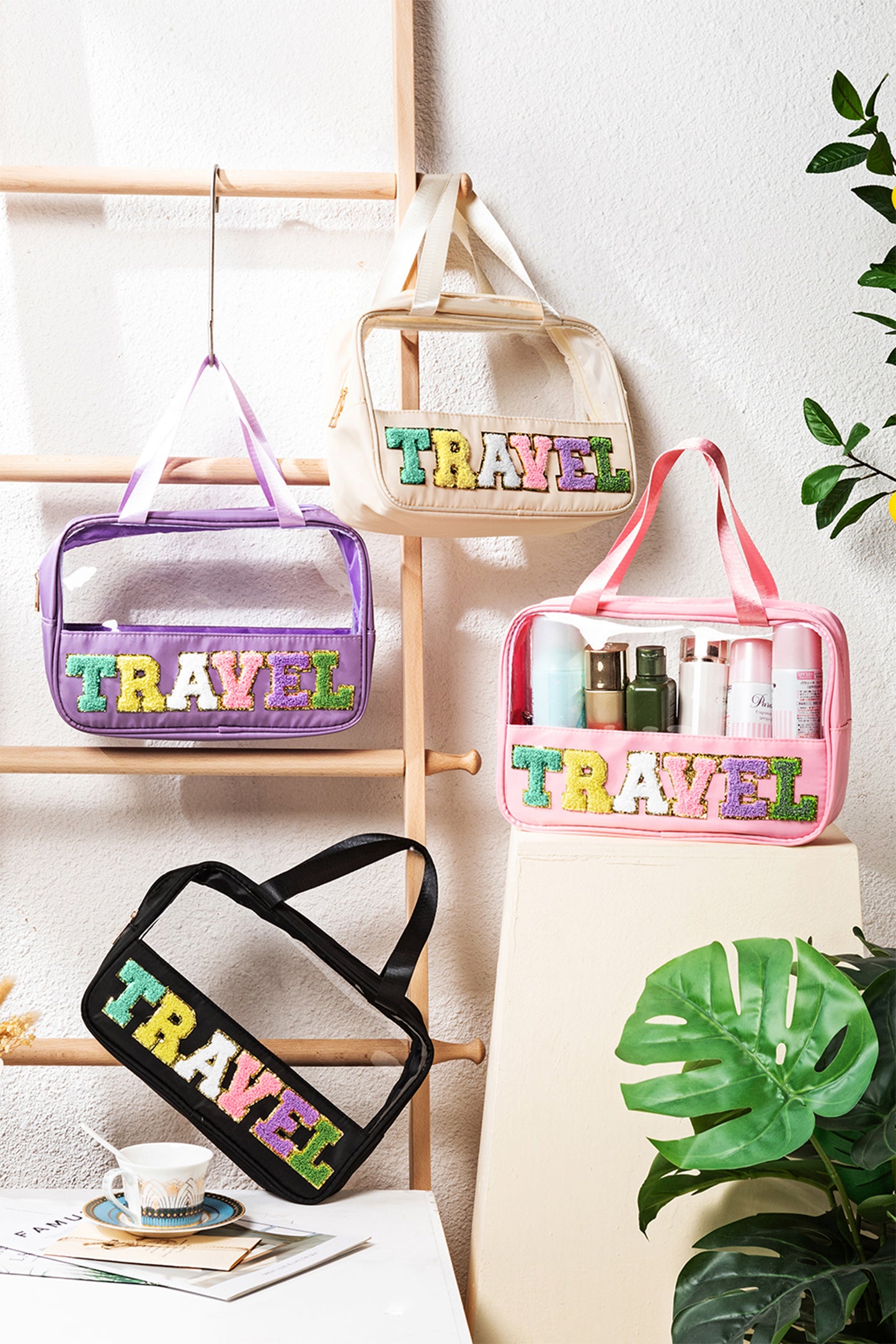 Light Pink Travel Chenille Letter Clear Pvc Makeup Bag-Shoes & Bags/Makeup Bags-[Adult]-[Female]-2022 Online Blue Zone Planet