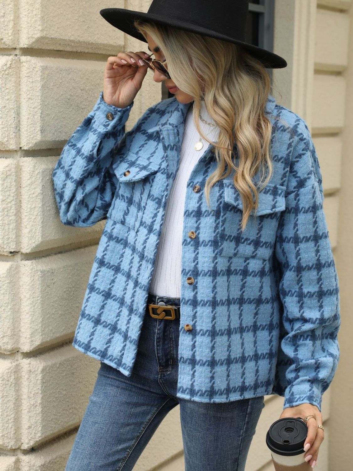 Plaid Collared Neck Long Sleeve Jacket-TOPS / DRESSES-[Adult]-[Female]-2022 Online Blue Zone Planet