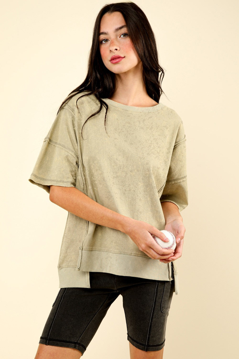 VERY J Round Neck Exposed Seam Slit T-Shirt-TOPS / DRESSES-[Adult]-[Female]-Sage-S-2022 Online Blue Zone Planet