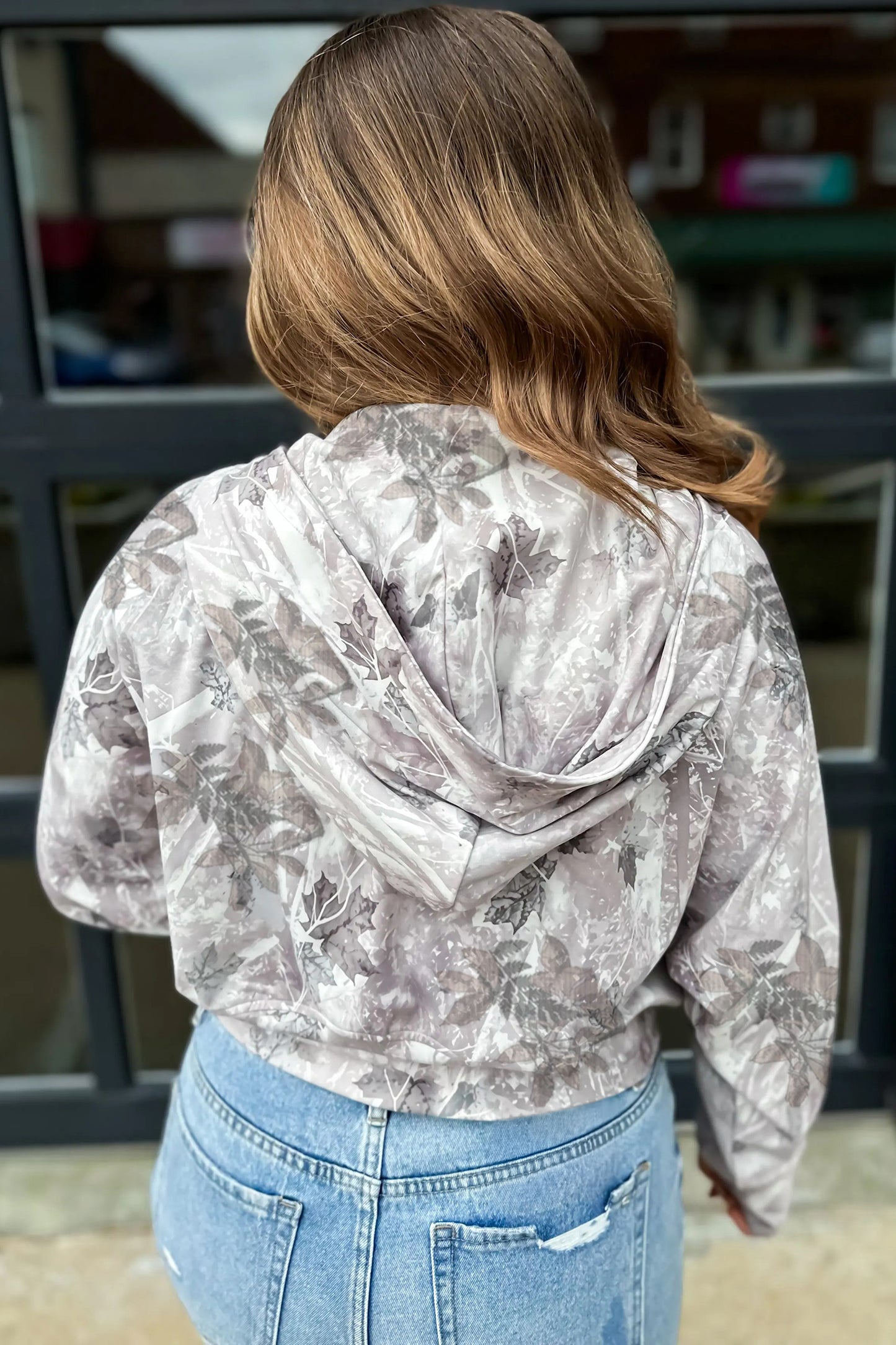 Gray Camo Leaf Print Kangaroo Pocket Quarter Zip Hoodie-Tops/Sweatshirts & Hoodies-[Adult]-[Female]-2022 Online Blue Zone Planet