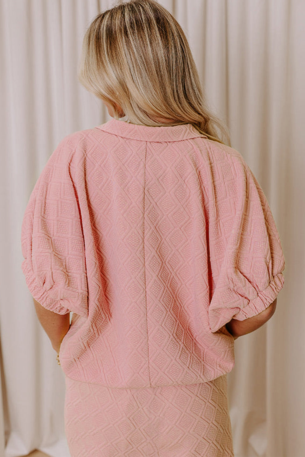 Light Pink Striped Collared Zip up Textured Skirt Set-Two Piece Sets/Two Piece Dresses-[Adult]-[Female]-2022 Online Blue Zone Planet