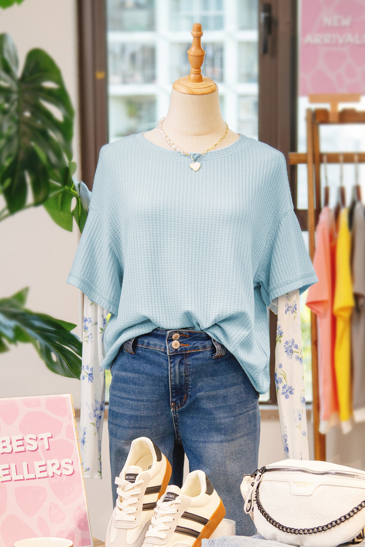 Beau Blue Floral Lace Sleeve Patchwork Waffle Fake Two-Piece Top-Tops/Long Sleeve Tops-[Adult]-[Female]-2022 Online Blue Zone Planet