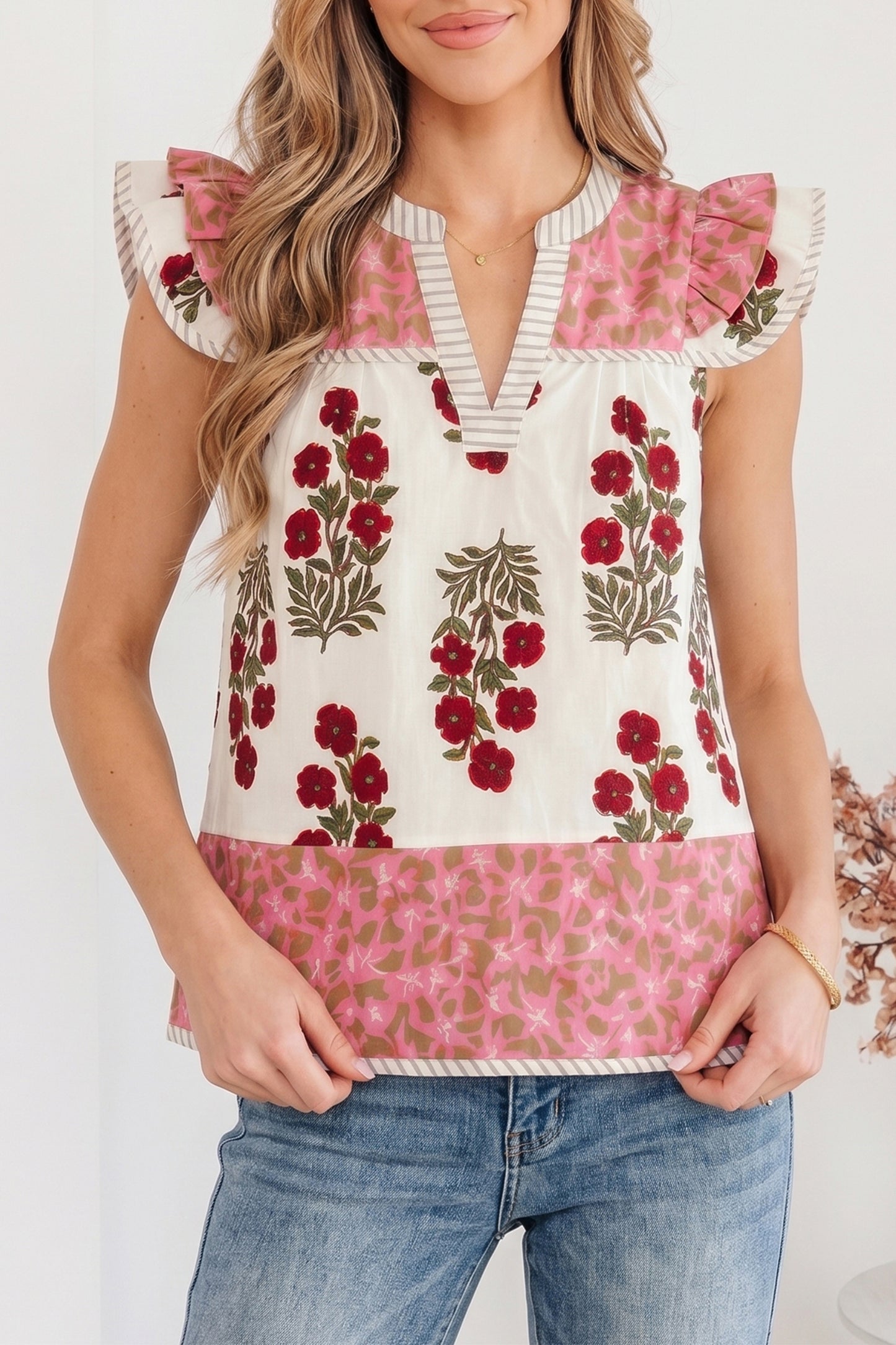 White Floral Print Contrast Striped Trim Flutter Cotton Blouse-Tops/Blouses & Shirts-[Adult]-[Female]-2022 Online Blue Zone Planet