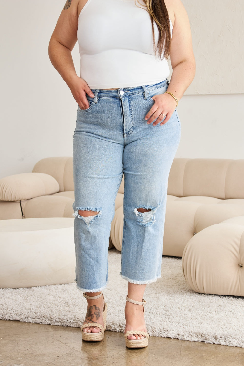 Blue Zone Planet | RFM Full Size Tummy Control High Waist Raw Hem Distressed Jeans-BOTTOMS SIZES SMALL MEDIUM LARGE-[Adult]-[Female]-2022 Online Blue Zone Planet