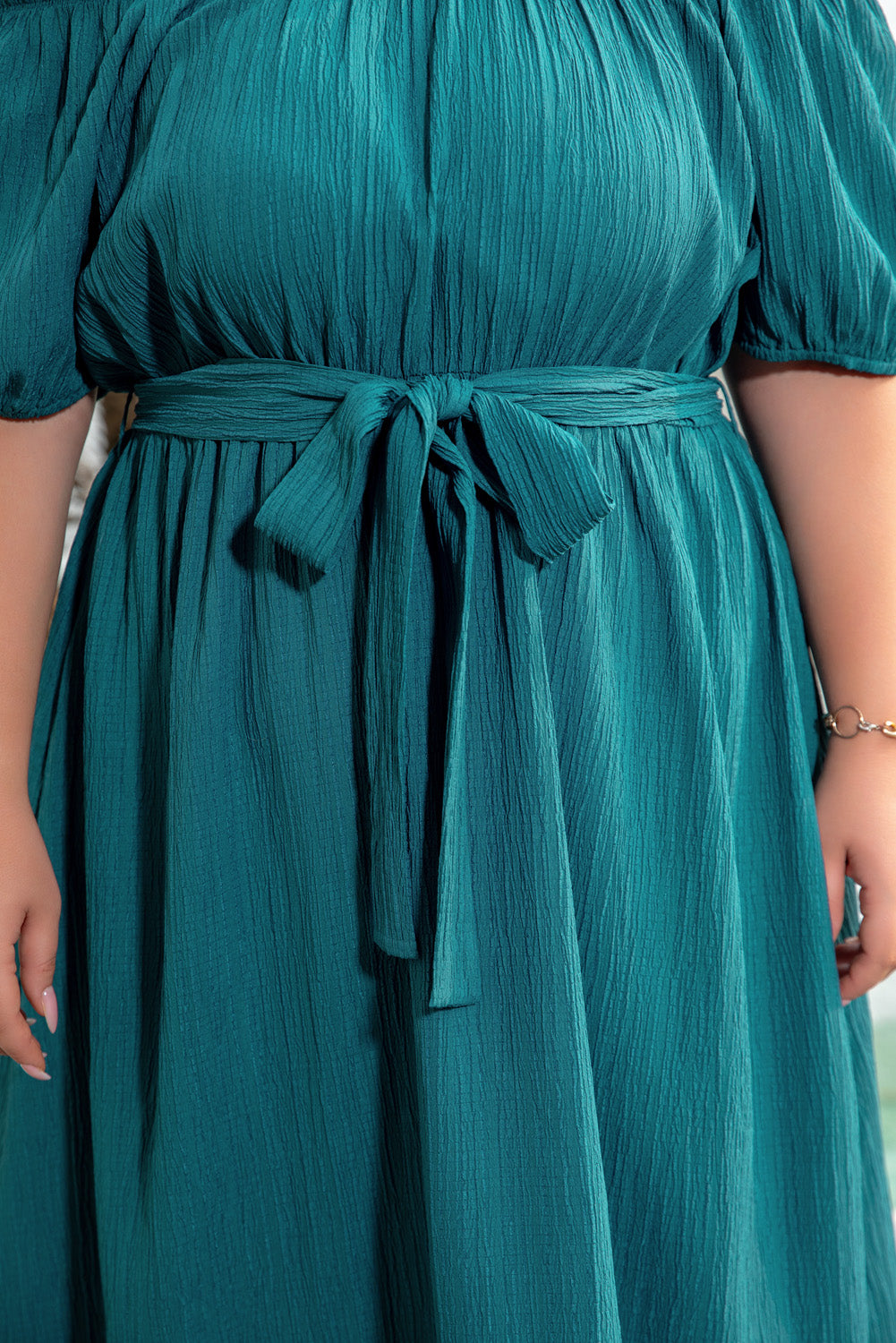 Skobeloff Frilled U Neck Puff Sleeve Belted Ruffle Hem Plus Size Midi Dress-TOPS / DRESSES-[Adult]-[Female]-2022 Online Blue Zone Planet