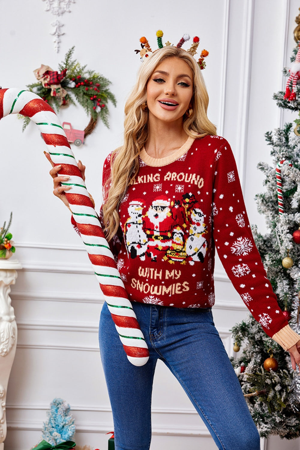 Christmas Pattern Round Neck Long Sleeve Sweater-TOPS / DRESSES-[Adult]-[Female]-2022 Online Blue Zone Planet