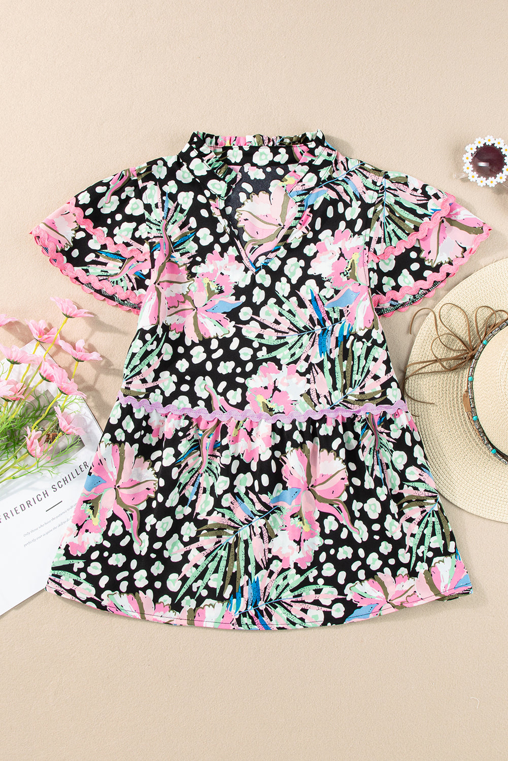 Pink Ricrac Floral Tiered Short Sleeve Blouse-Tops/Blouses & Shirts-[Adult]-[Female]-2022 Online Blue Zone Planet