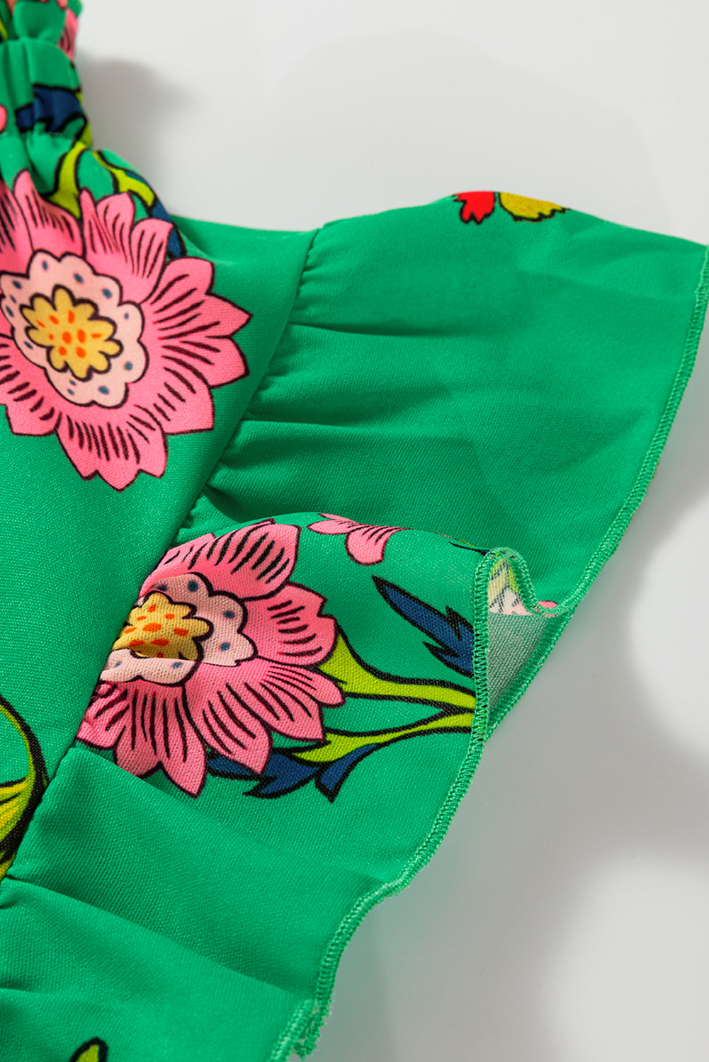 Green Floral Print Flutter Sleeve Frilly Neck Blouse-Tops/Blouses & Shirts-[Adult]-[Female]-2022 Online Blue Zone Planet