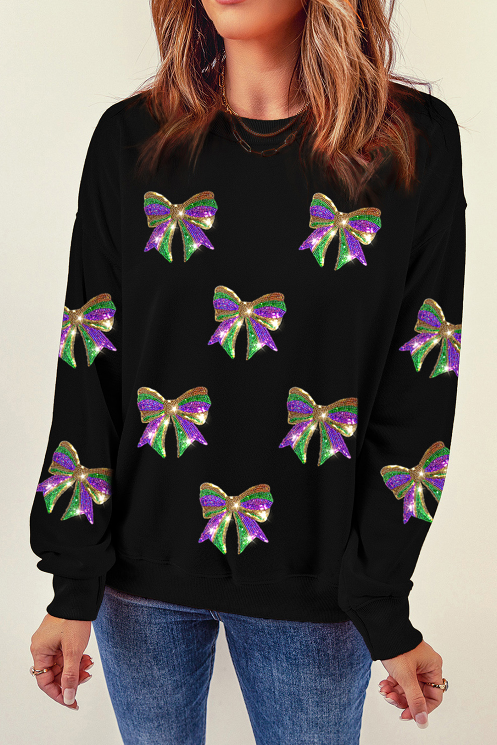 Black Sequin Mardi Gras Bow Graphic Drop Shoulder Pullover Sweatshirt-Graphic/Graphic Sweatshirts-[Adult]-[Female]-2022 Online Blue Zone Planet