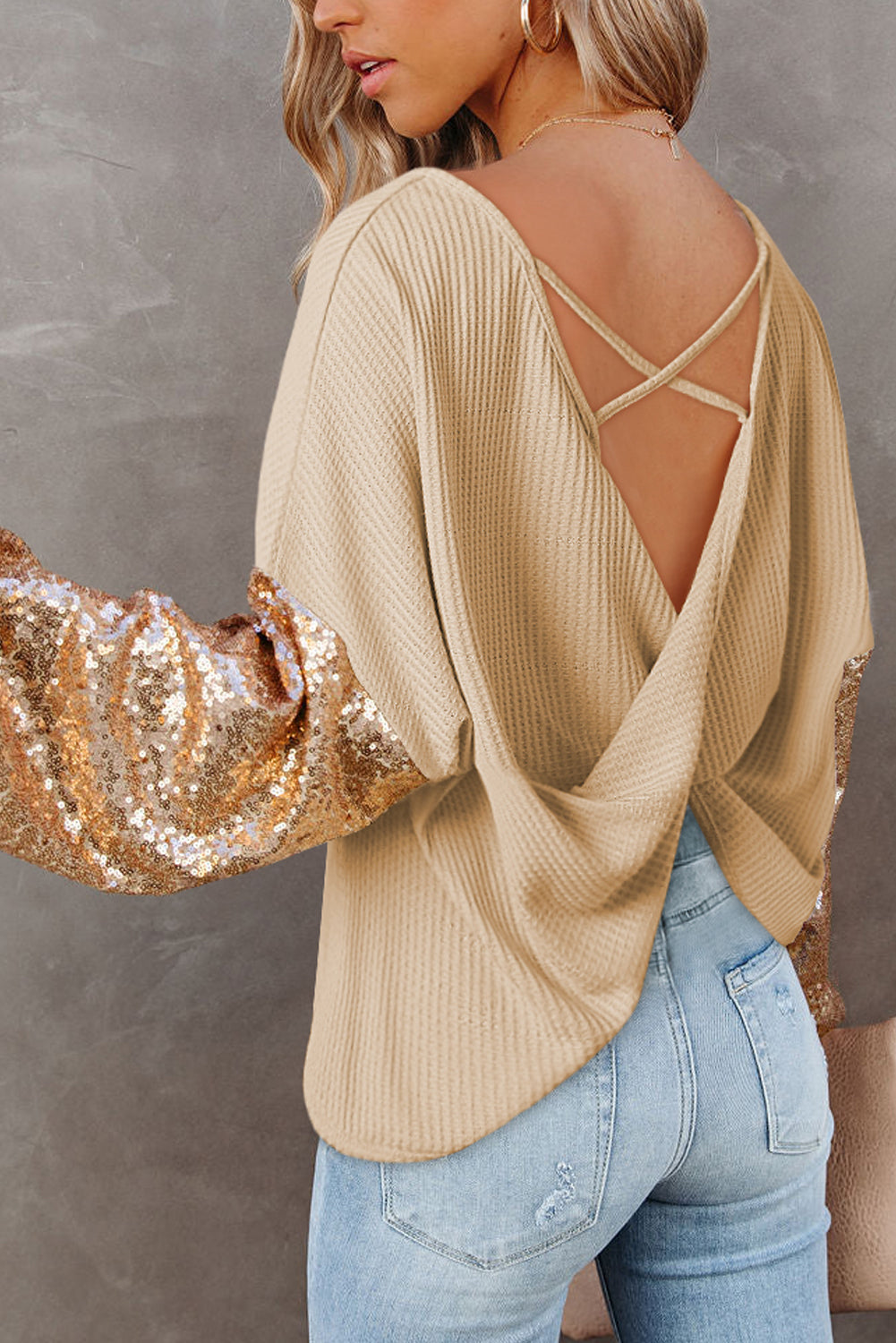 Apricot Sequin Patchwork Sleeve Open Back Waffle Knit Top-Tops/Long Sleeve Tops-[Adult]-[Female]-2022 Online Blue Zone Planet