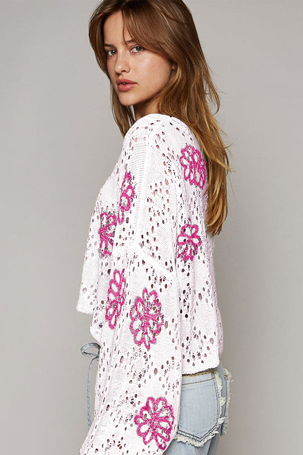 White Contrast Flower Print Eyelet Drop Shoulder Sweater-Sweaters & Cardigans/Sweaters-[Adult]-[Female]-2022 Online Blue Zone Planet