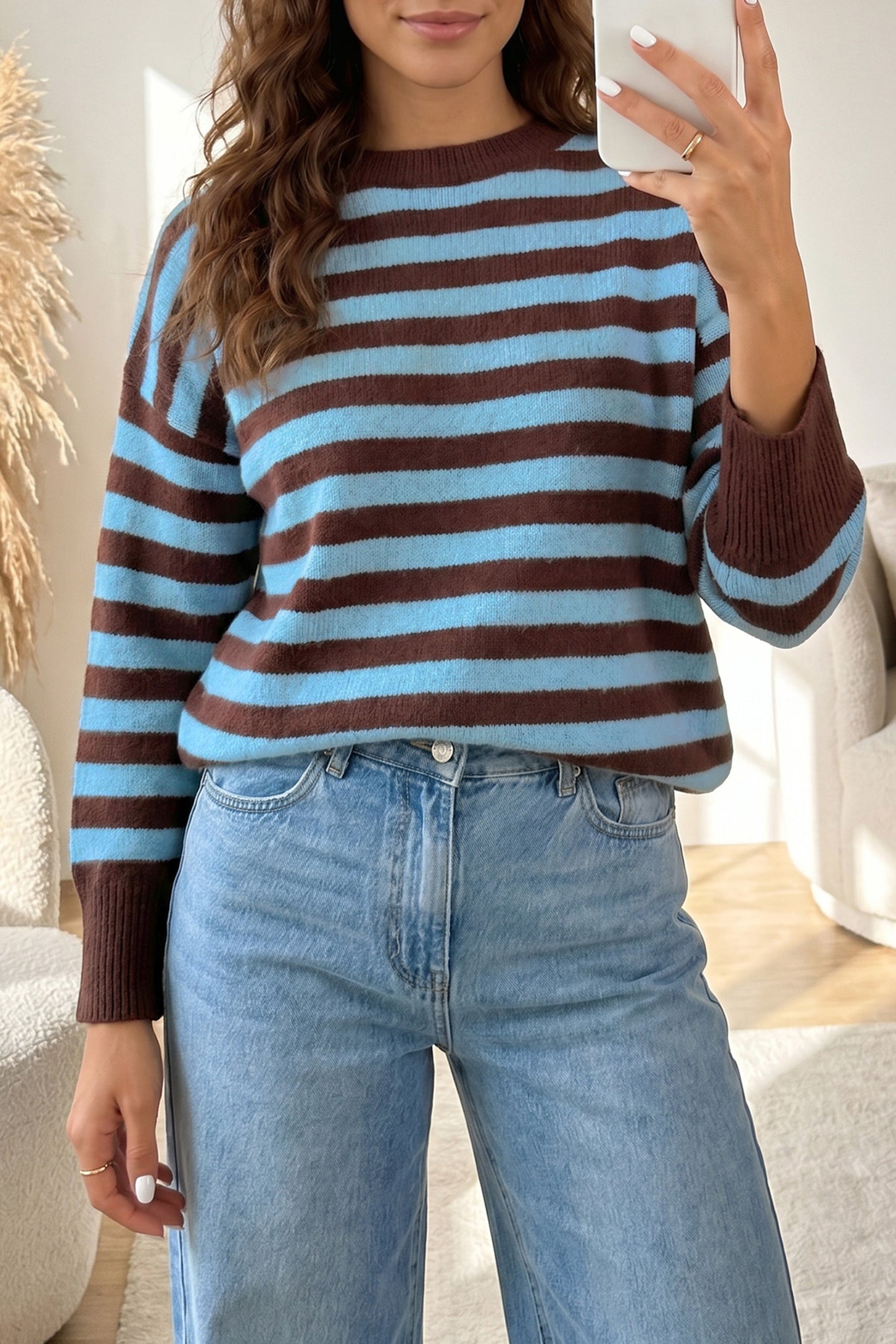 Brown Stripe Color Block Loose Crew Neck Cuffed Sweater