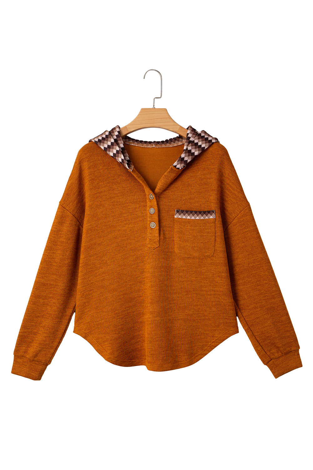 Straw Yellow Contrast Plaid Hood Patchwork Chest Pocket Henley Top-Tops / Dresses-[Adult]-[Female]-2022 Online Blue Zone Planet