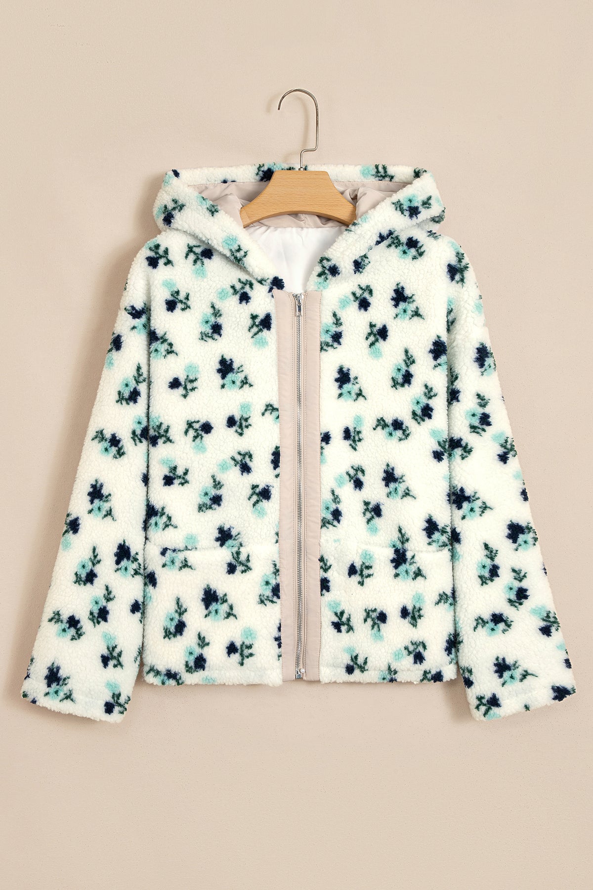 White Floral Print Faux Fur Hooded Metal Zip-up Winter Jacket