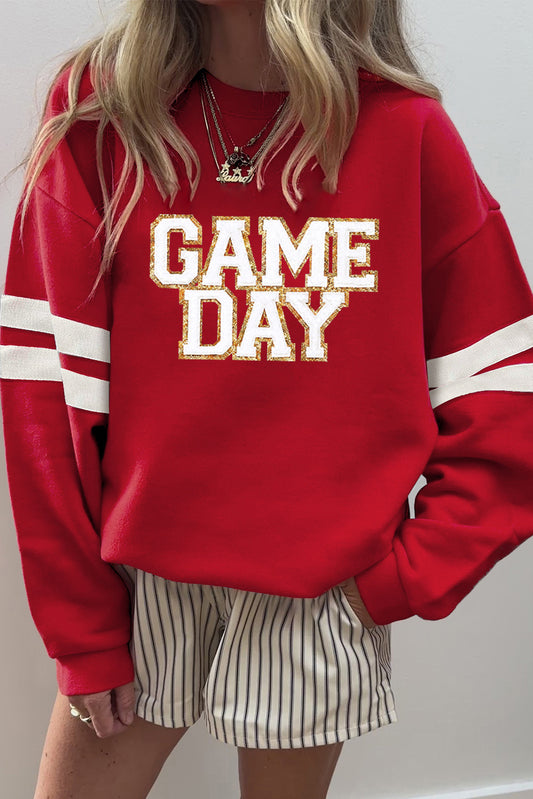 Fiery Red Glitter Trim GAME DAY Letter Graphic Oversized Varsity Sweatshirt-Graphic/Graphic Sweatshirts-[Adult]-[Female]-Fiery Red-S-2022 Online Blue Zone Planet