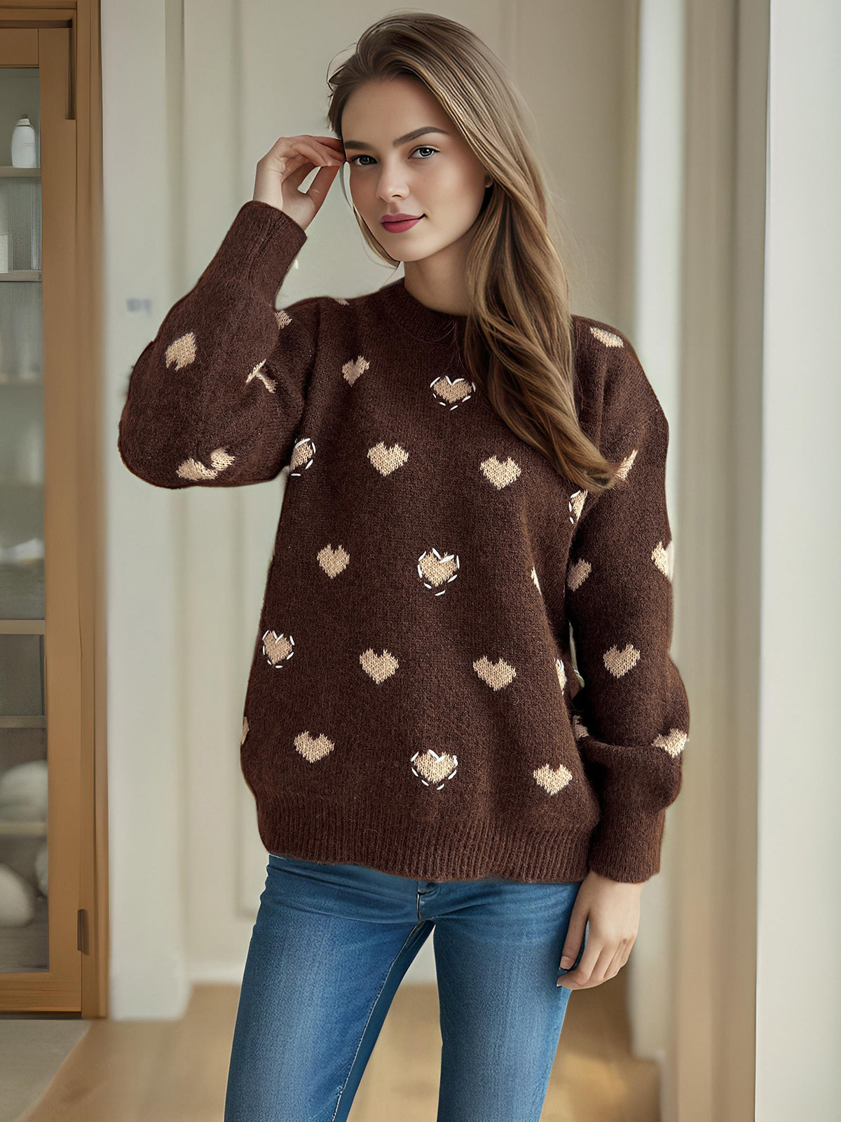 Heart Round Neck Long Sleeve Sweater-TOPS / DRESSES-[Adult]-[Female]-2022 Online Blue Zone Planet