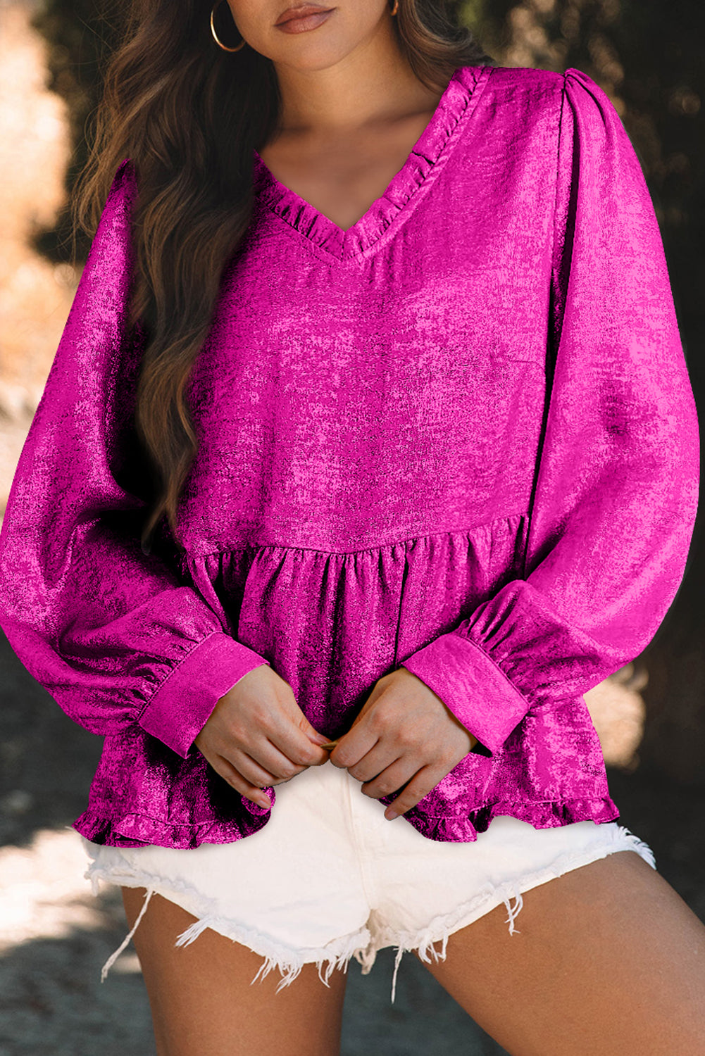 Rose Red Metallic Frilled V Neck Puff Sleeve Babydoll Blouse-Tops/Blouses & Shirts-[Adult]-[Female]-Rose Red-S-2022 Online Blue Zone Planet