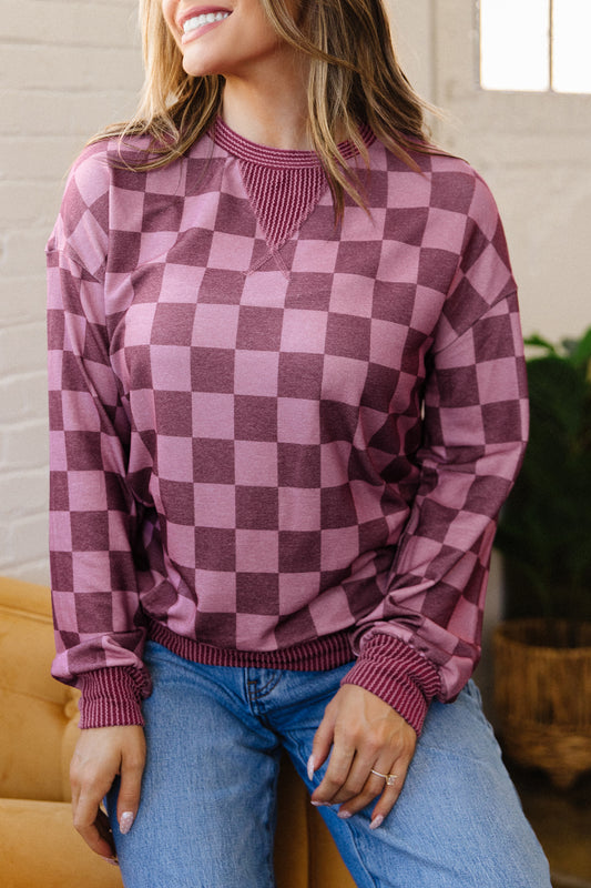 Red Ribbed Trim Checkered Print Long Sleeve Pullover Top-Tops/Long Sleeve Tops-[Adult]-[Female]-Red-S-2022 Online Blue Zone Planet