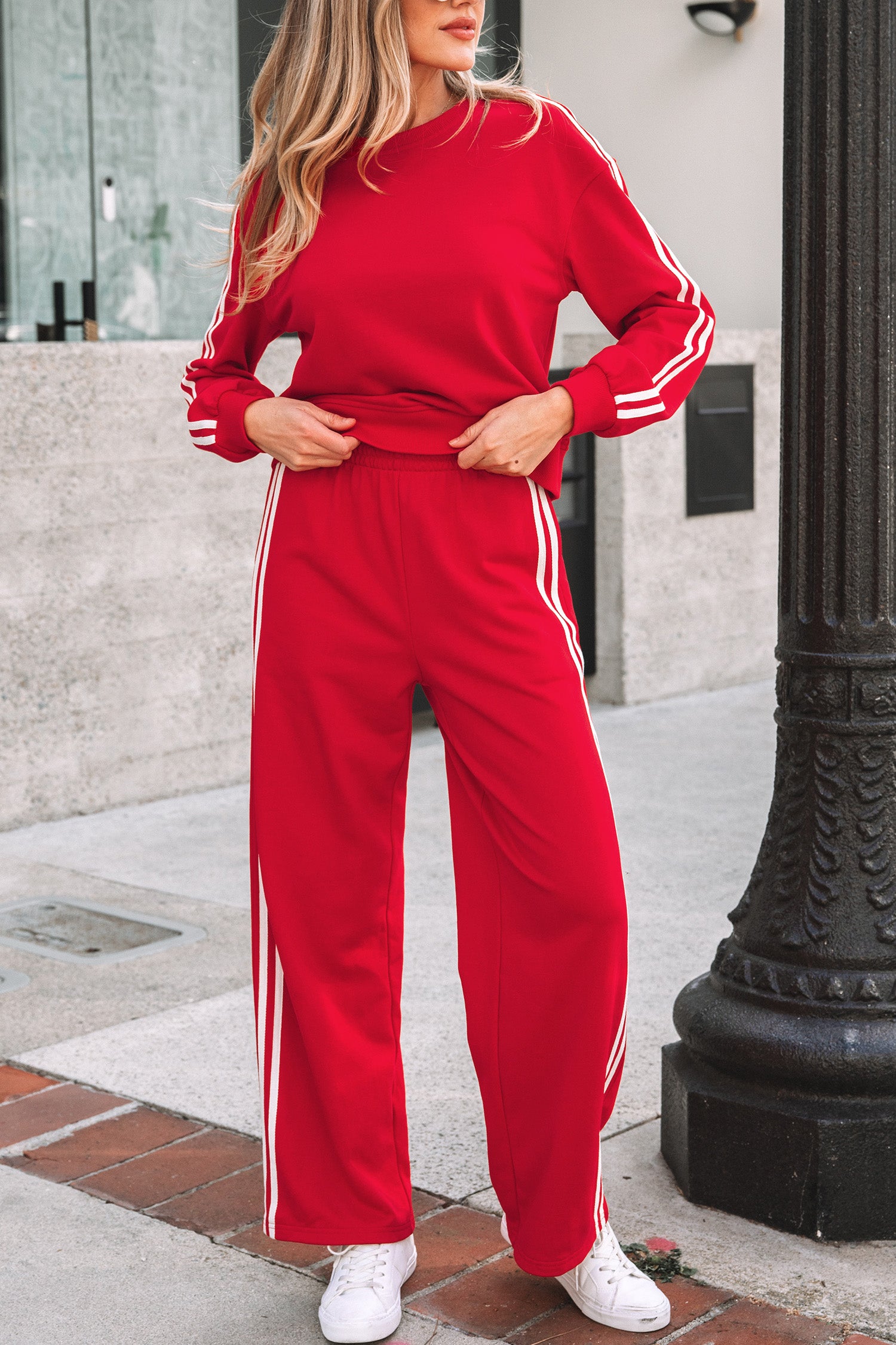 Fiery Red Varsity Striped Detail Crewneck Pullover Elastic Sweatpants 2pcs Outfit-Two Piece Sets/Pant Sets-[Adult]-[Female]-2022 Online Blue Zone Planet