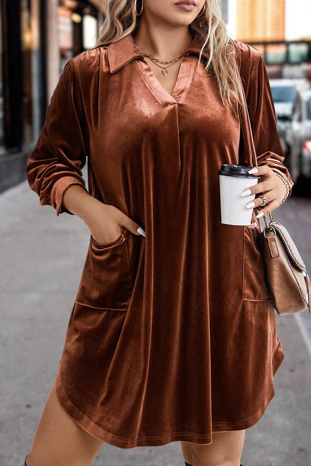 Coffee Plus Size V Neck Collared Pleated Back Rounded Hem Velvet Dress-Plus Size/Plus Size Dresses/Plus Size Mini Dresses-[Adult]-[Female]-Coffee-1X-2022 Online Blue Zone Planet