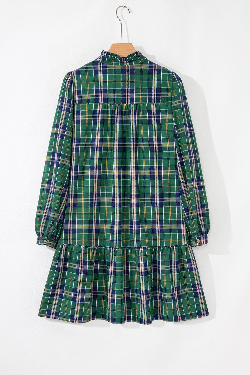 Green Plaid Print Frilly Collar Long Sleeve Shift Mini Dress-TOPS / DRESSES-[Adult]-[Female]-2022 Online Blue Zone Planet
