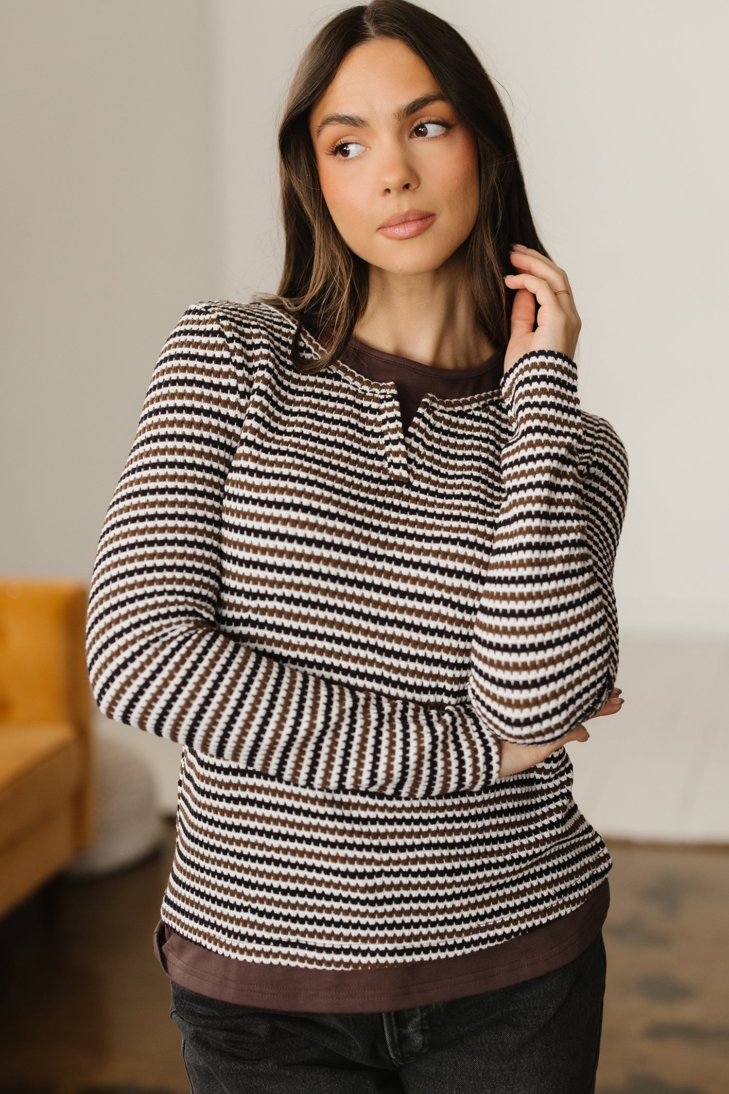 Brown Faux Two Piece Textured Striped Round Neck Long Sleeve T Shirt-Tops/Long Sleeve Tops-[Adult]-[Female]-2022 Online Blue Zone Planet
