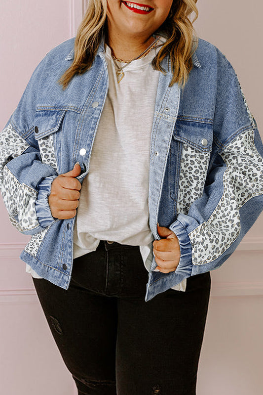 Blue Zone Planet | Beau Blue Leopard Patchwork Flap Detail Plus Size Denim Jacket-Plus Size/Plus Size Outerwear-[Adult]-[Female]-Beau Blue-1X-2022 Online Blue Zone Planet