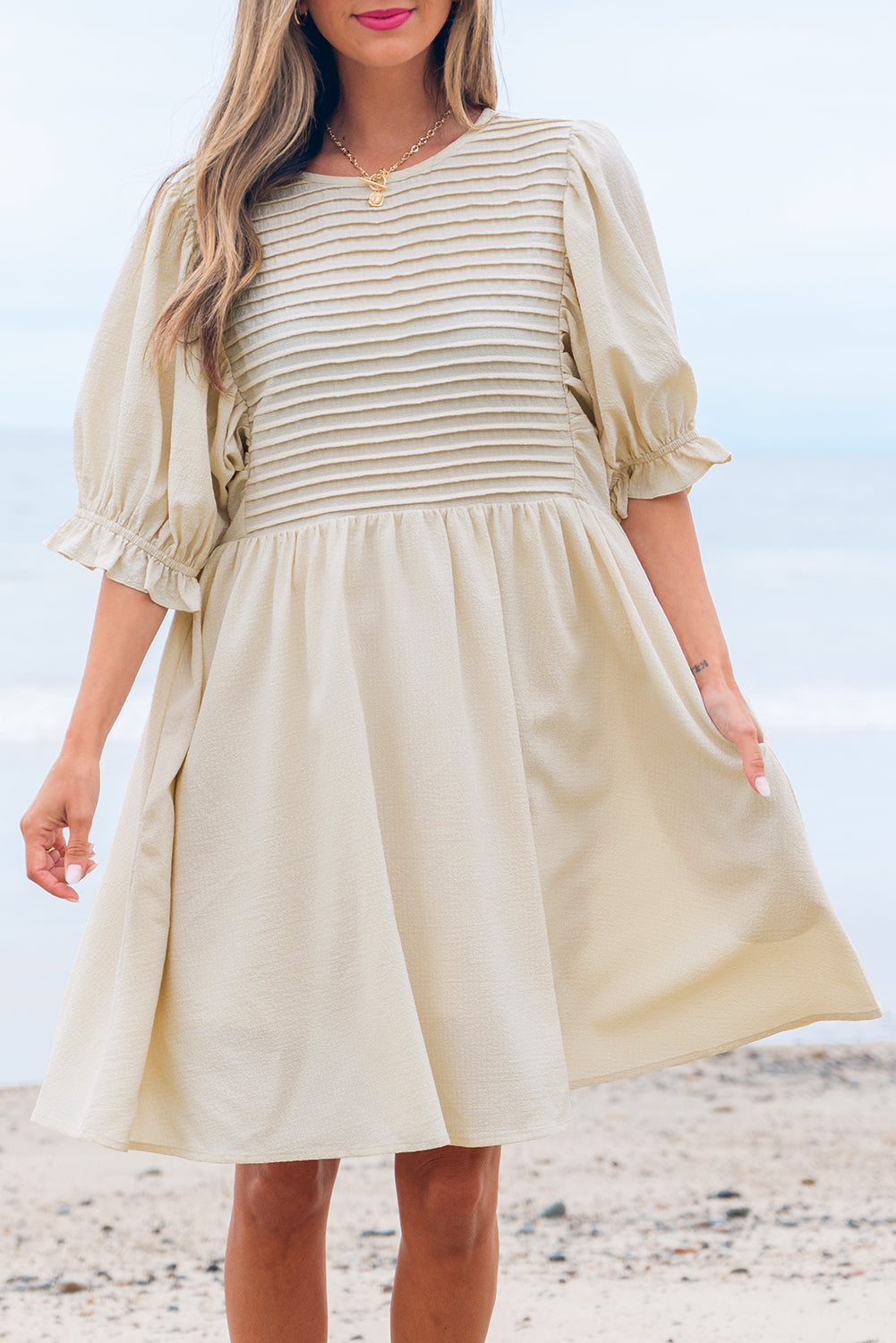 White Textured Ruffled Puff Sleeve Loose Dress-TOPS / DRESSES-[Adult]-[Female]-2022 Online Blue Zone Planet
