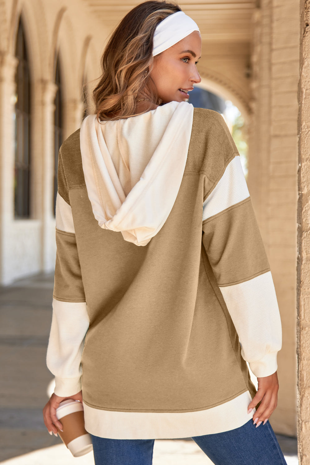 Light French Beige Waffle Contrast Knit Color Block Patchwork Button Front Oversize Hoodie-Tops/Sweatshirts & Hoodies-[Adult]-[Female]-2022 Online Blue Zone Planet