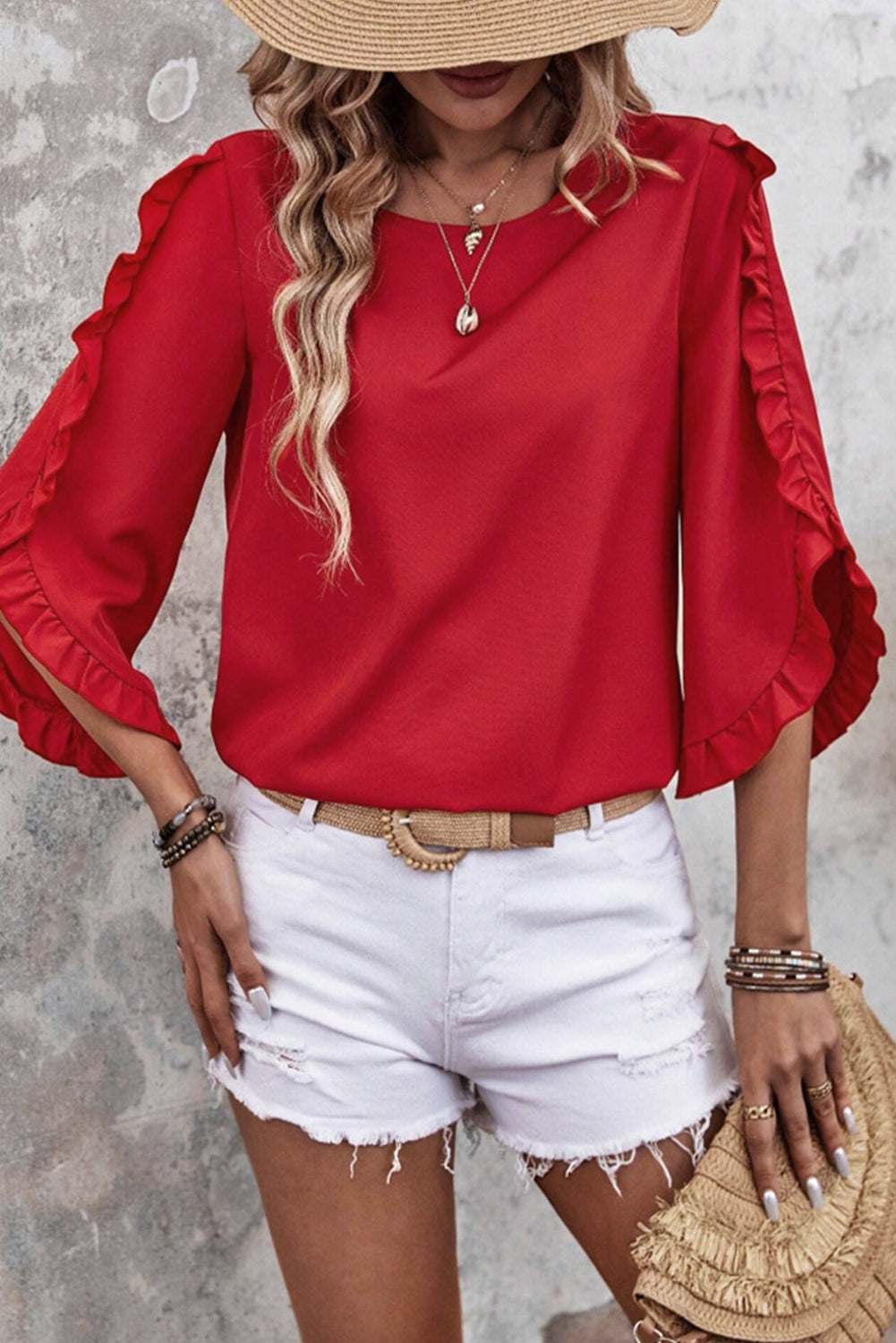 Black Ruffle Trimmed 3/4 Sleeve Round Neck Blouse-Tops/Blouses & Shirts-[Adult]-[Female]-2022 Online Blue Zone Planet