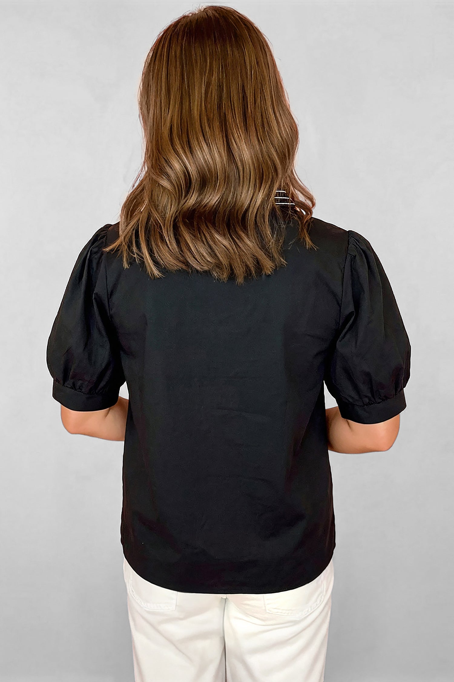 Black Short Puff Sleeve Contrast Embroidered Detail V Neck Blouse-Tops/Blouses & Shirts-[Adult]-[Female]-2022 Online Blue Zone Planet