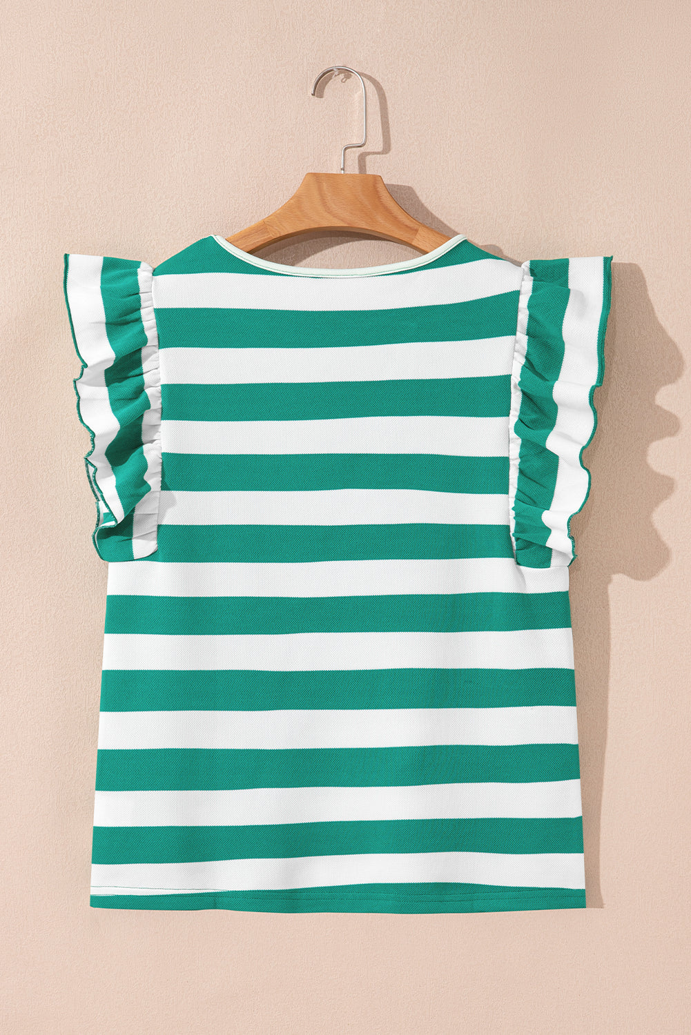 Green Stripe Flutter Sleeve Round Neck T Shirt-Tops/Tops & Tees-[Adult]-[Female]-2022 Online Blue Zone Planet