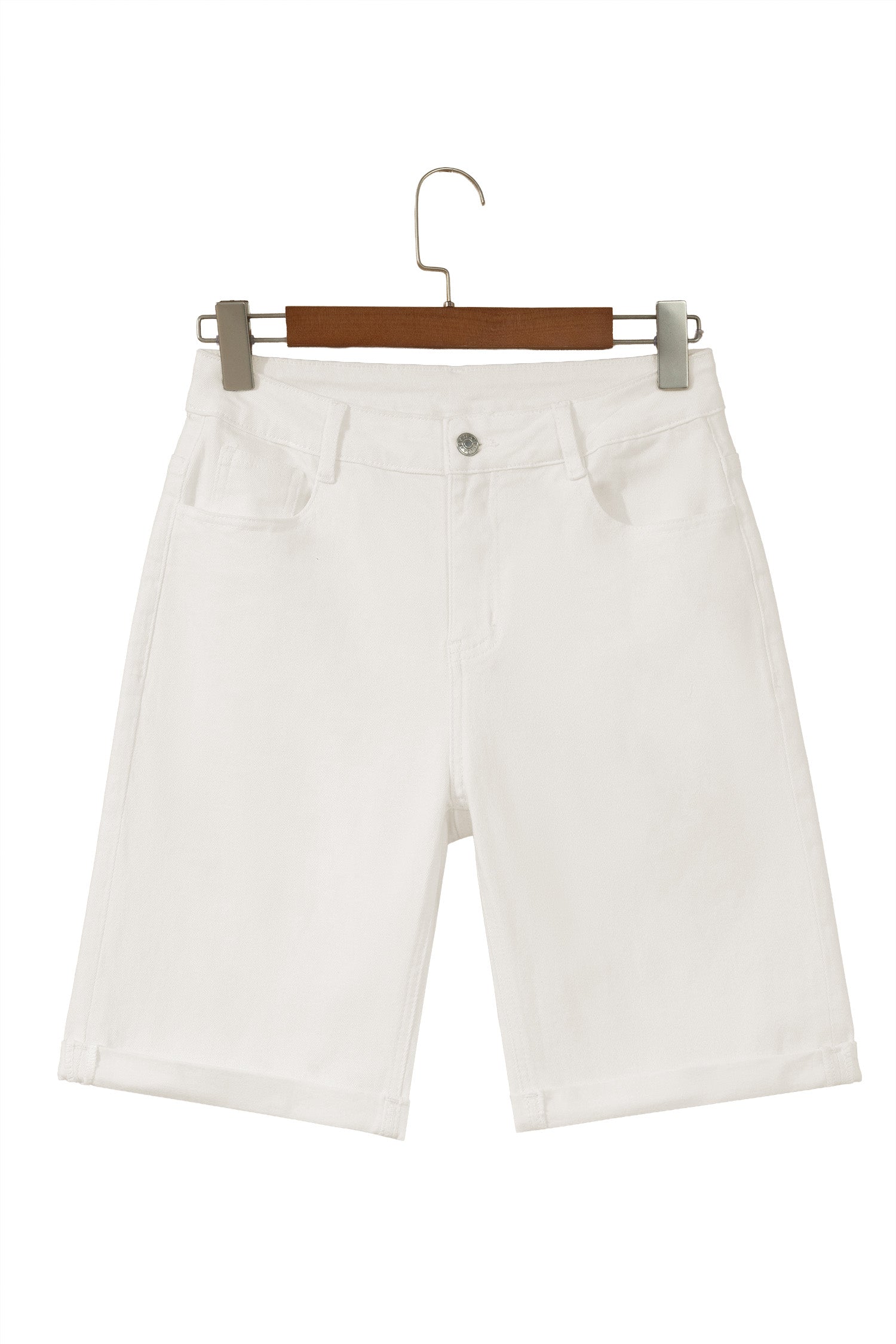 White Solid Color Rolled Cuffs Denim Bermuda Shorts-Bottoms/Denim Shorts-[Adult]-[Female]-2022 Online Blue Zone Planet