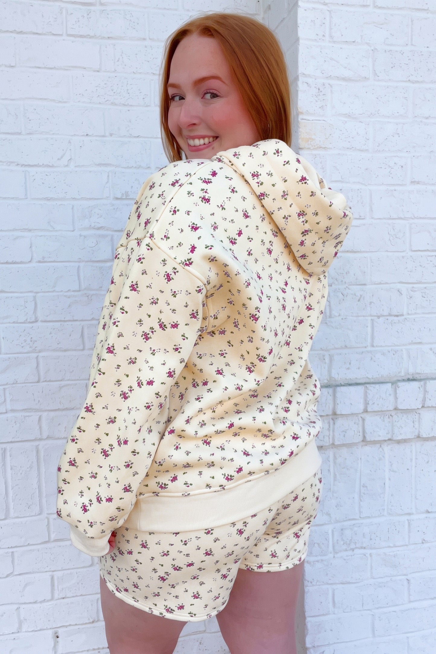 Beige Floral Print Hooded Long Sleeve Plus Size Set-Tops / Dresses-[Adult]-[Female]-2022 Online Blue Zone Planet