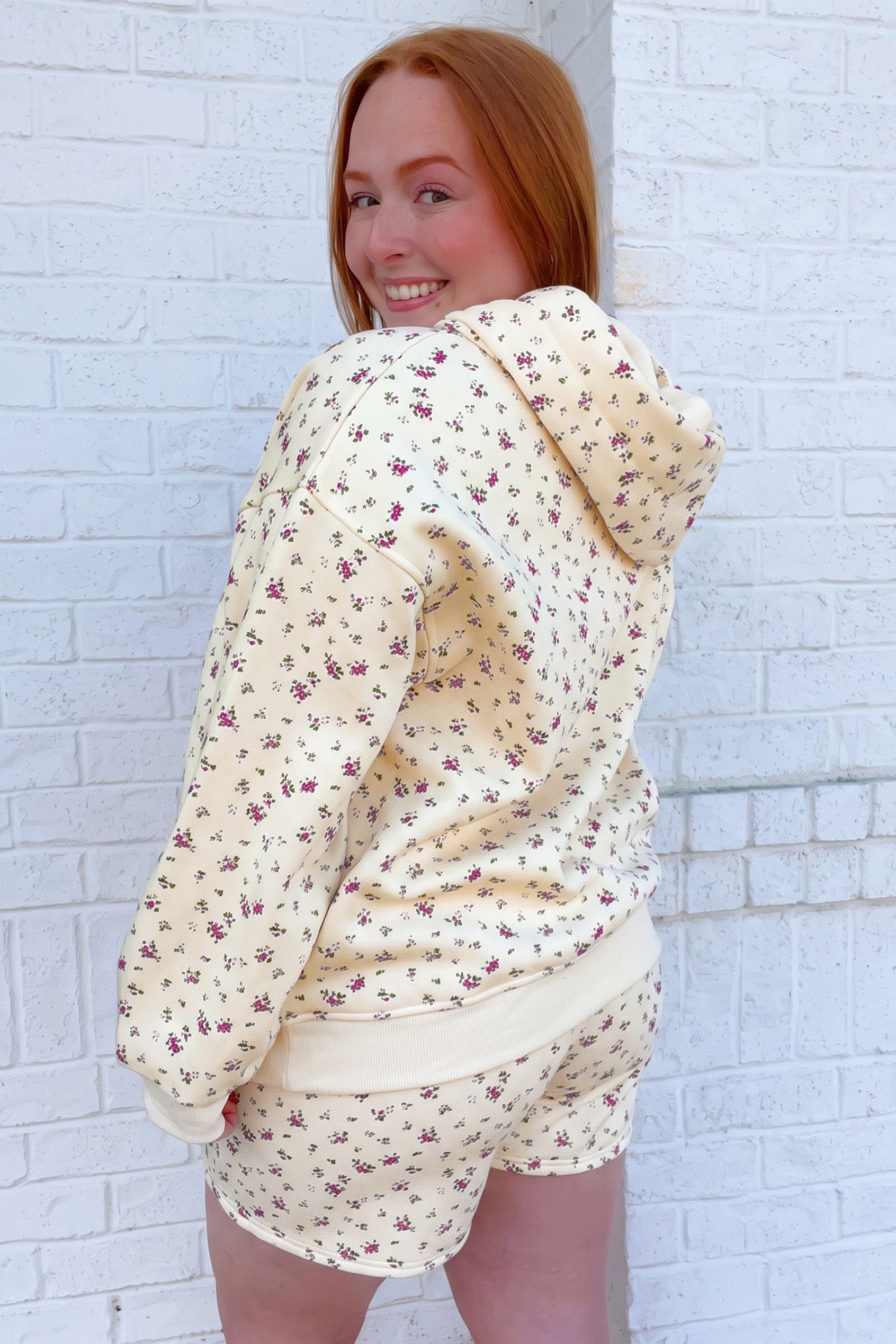 Beige Floral Print Hooded Long Sleeve Plus Size Set-Tops / Dresses-[Adult]-[Female]-2022 Online Blue Zone Planet