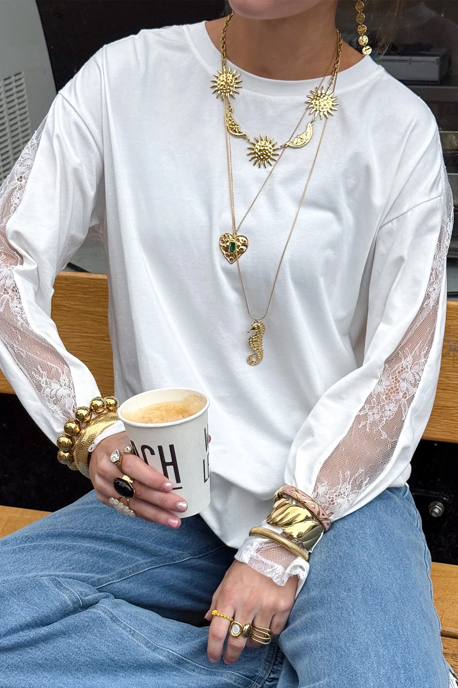 White Sheer Lace Splicing Long Sleeve Shift Top-Tops/Long Sleeve Tops-[Adult]-[Female]-2022 Online Blue Zone Planet