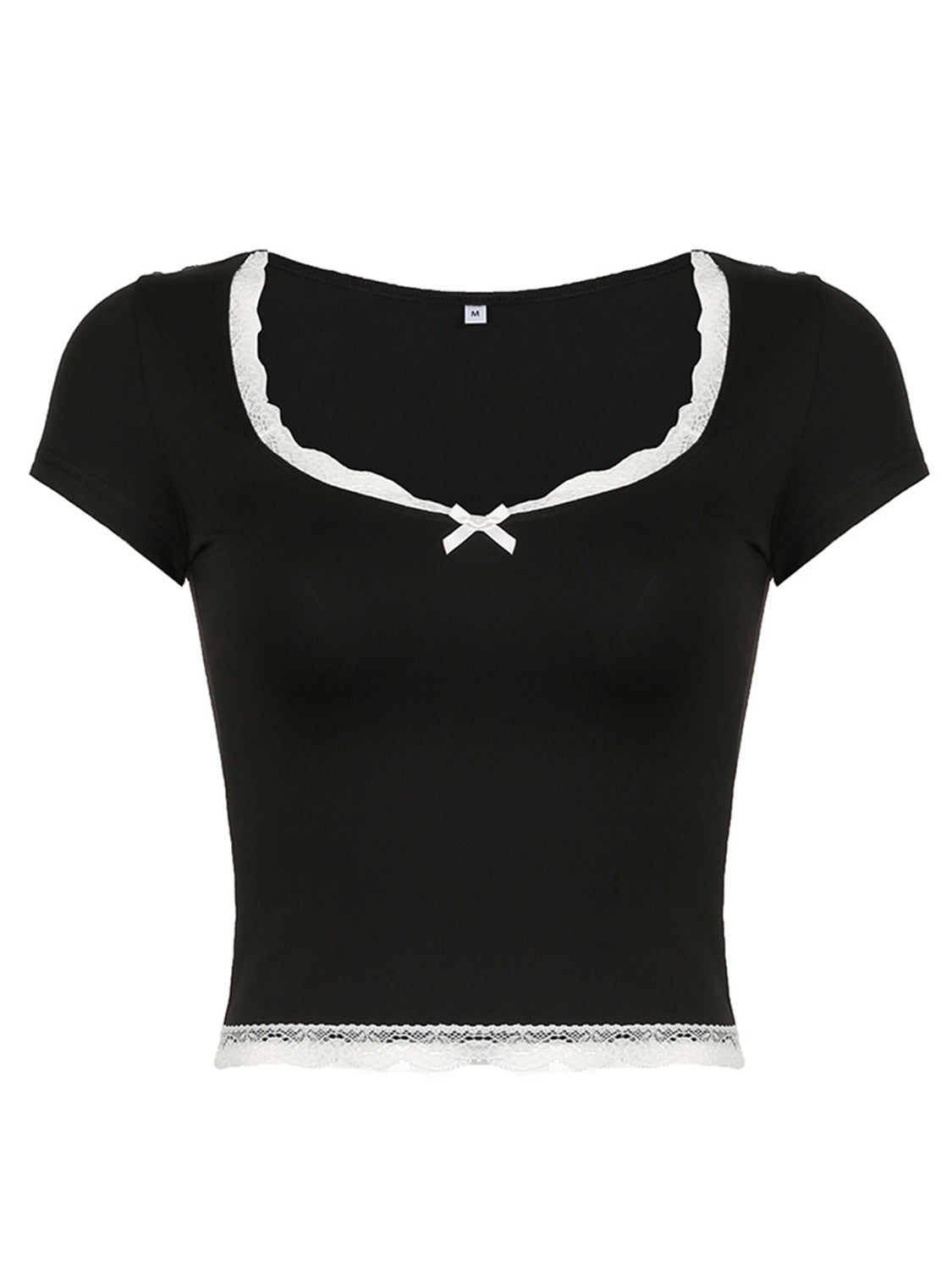 Lace Detail Sweetheart Neck Short Sleeve T-Shirt-TOPS / DRESSES-[Adult]-[Female]-2022 Online Blue Zone Planet