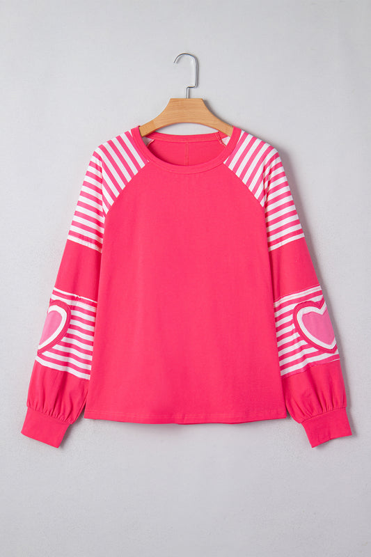 Strawberry Pink Heart Shape Striped Patchwork Long Sleeve Loose Top-Tops/Long Sleeve Tops-[Adult]-[Female]-2022 Online Blue Zone Planet