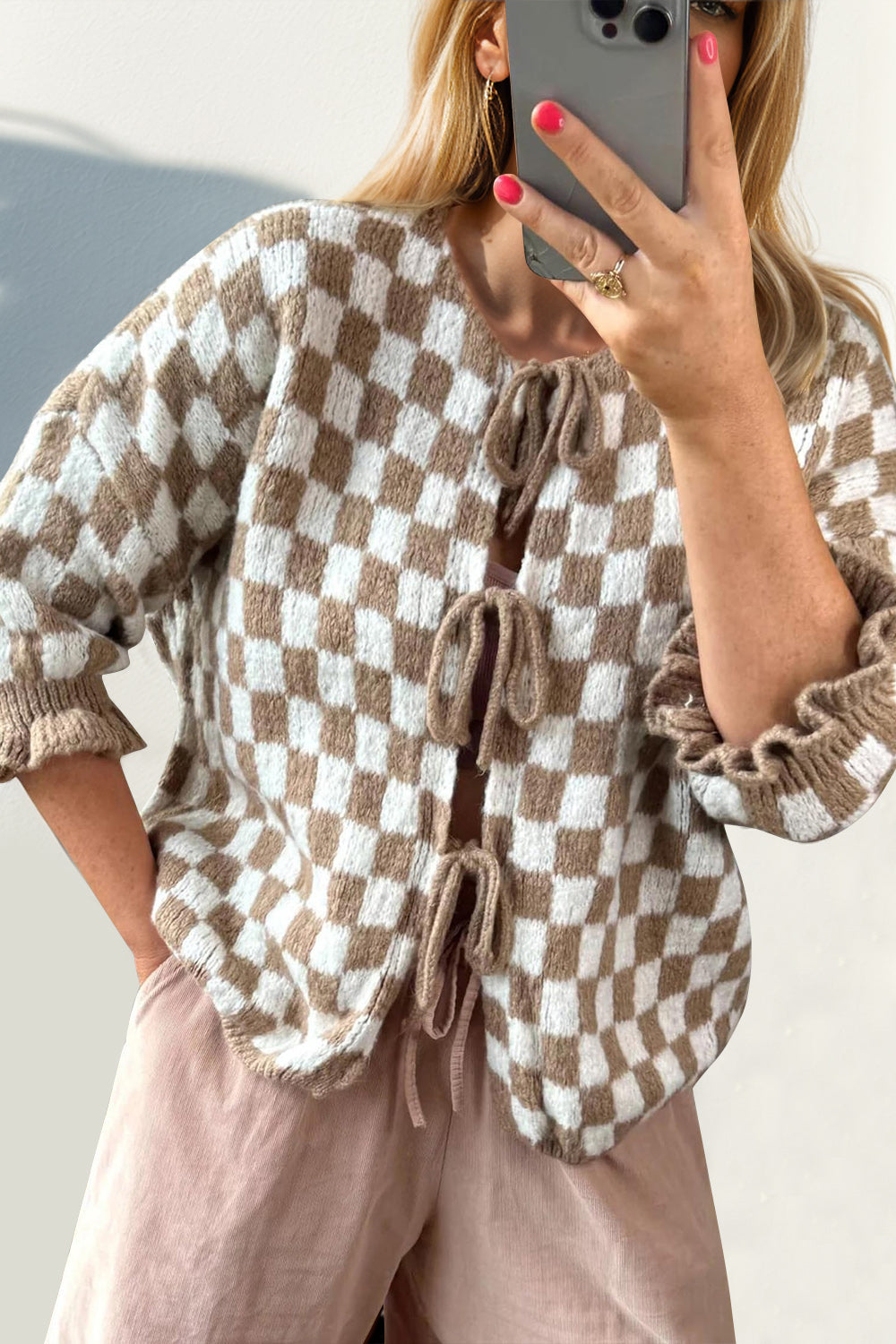 Double Take Tied Checkered Dropped Shoulder Flounce Sleeve Cardigan-TOPS / DRESSES-[Adult]-[Female]-Taupe-S-2022 Online Blue Zone Planet