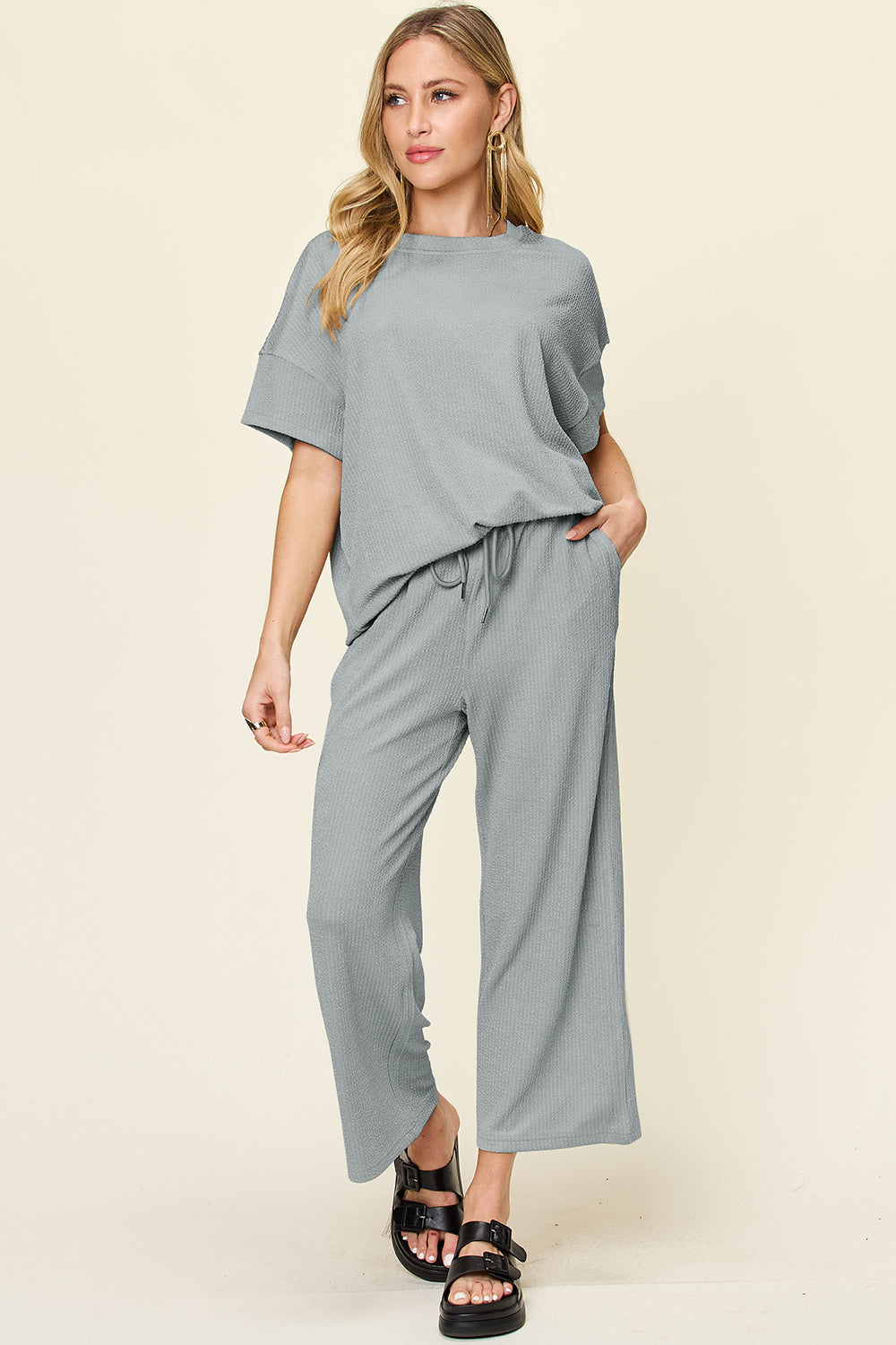 Blue Zone Planet | Double Take Full Size Texture Round Neck Short Sleeve T-Shirt and Wide Leg Pants-TOPS / DRESSES-[Adult]-[Female]-2022 Online Blue Zone Planet