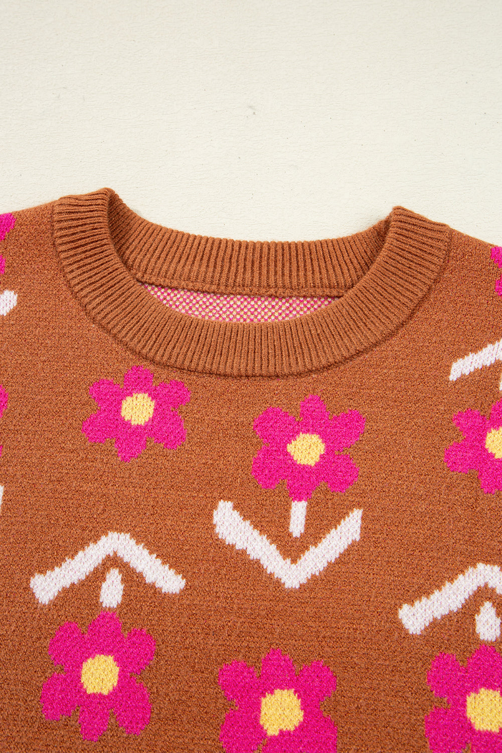 Brown Floral Short Puff Sleeve Sweater-TOPS / DRESSES-[Adult]-[Female]-2022 Online Blue Zone Planet