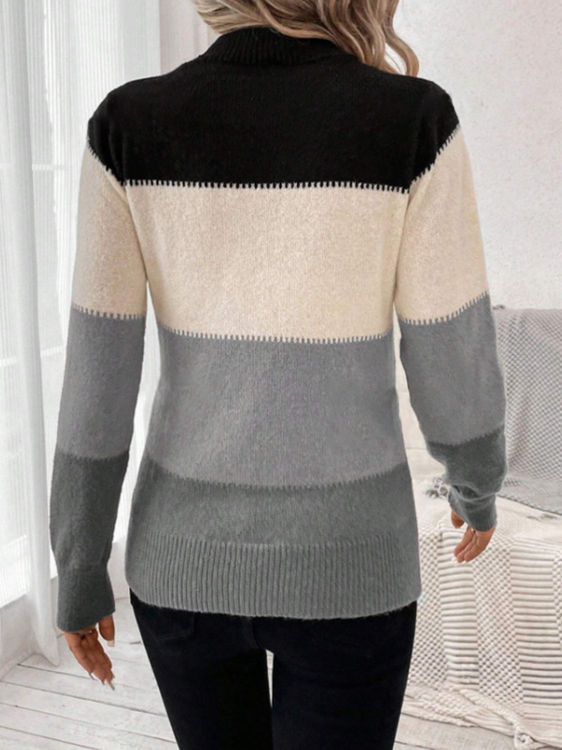 Blue Zone Planet | Color Block Mock Neck Long Sleeve Sweater-TOPS / DRESSES-[Adult]-[Female]-2022 Online Blue Zone Planet