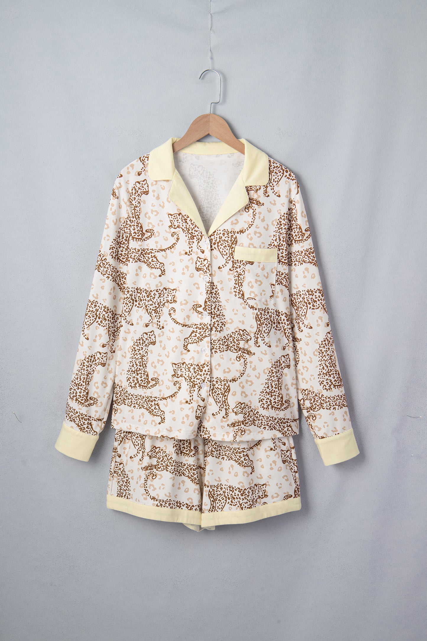 Yellow Leopard Print Colorblock Pocket Placket Long Sleeve Lounge Set-Loungewear & Sleepwear/Loungewear-[Adult]-[Female]-2022 Online Blue Zone Planet