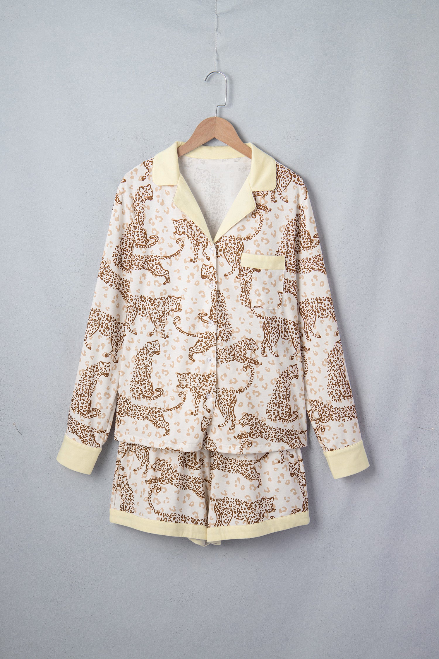 Yellow Leopard Print Colorblock Pocket Placket Long Sleeve Lounge Set-Loungewear & Sleepwear/Loungewear-[Adult]-[Female]-2022 Online Blue Zone Planet