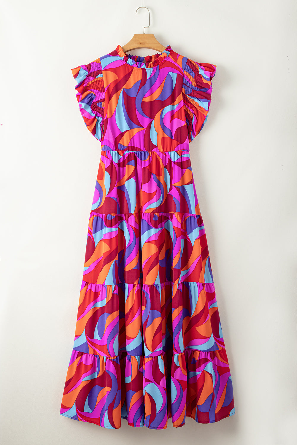 Blue Zone Planet |  Orange Abstract Printed High Waist Ruffle Tiered Long Dress Blue Zone Planet